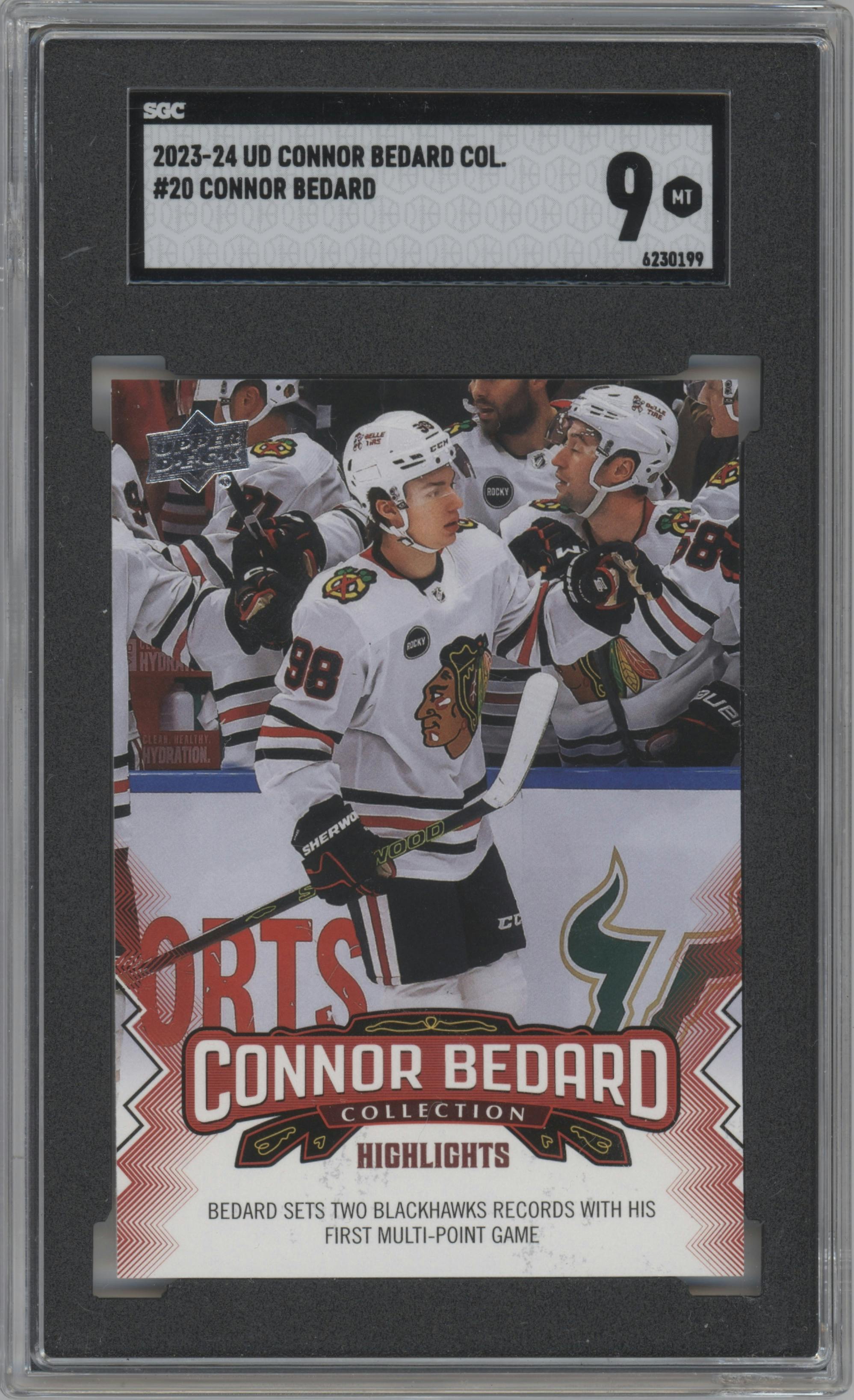Connor Bedard from the 2023-24 Upper Deck Connor Bedard Collection set graded by SGC and given an overall grade of 9.