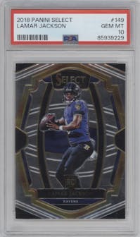 Lamar Jackson from the 2018 Panini Select set graded by PSA and given an overall grade of 10.