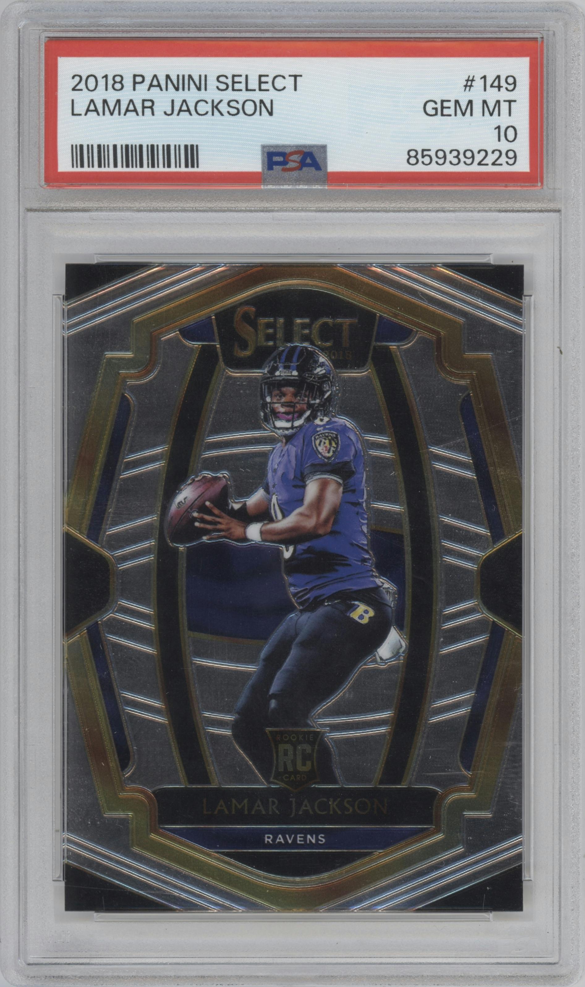 Lamar Jackson from the 2018 Panini Select set graded by PSA and given an overall grade of 10.