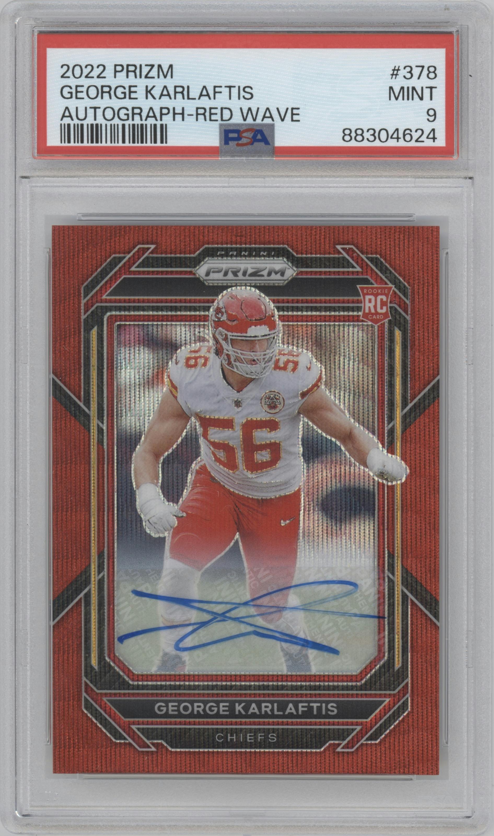 George Karlaftis from the 2022 Panini Prizm set featuring a Red Wave parallel graded by PSA and given an overall grade of 9.