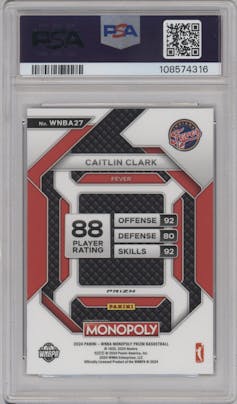 Caitlin Clark from the 2024 Panini Prizm Monopoly WNBA set featuring a Red Classic Icon parallel graded by PSA and given an overall grade of 10.