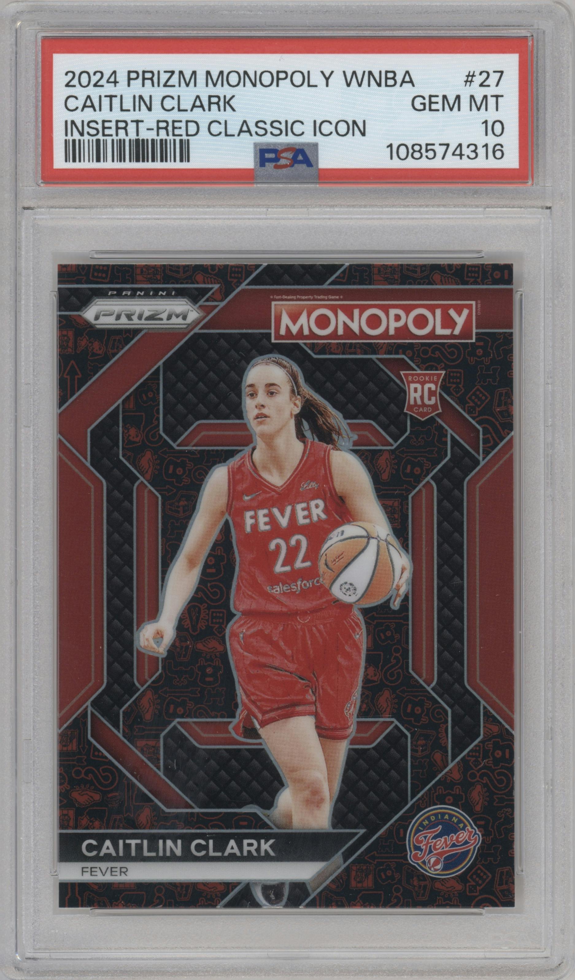 Caitlin Clark from the 2024 Panini Prizm Monopoly WNBA set featuring a Red Classic Icon parallel graded by PSA and given an overall grade of 10.