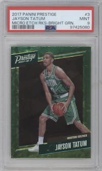 Jayson Tatum from the 2017-18 Panini Prestige set featuring a Bright Green parallel graded by PSA and given an overall grade of 9.