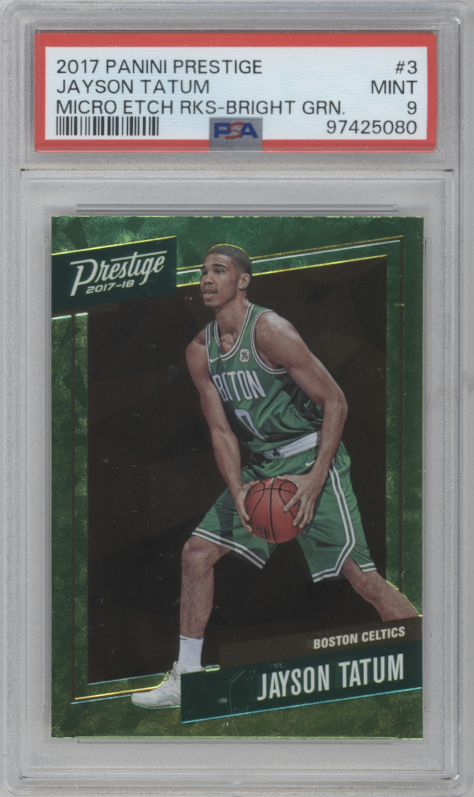 Jayson Tatum from the 2017-18 Panini Prestige set featuring a Bright Green parallel graded by PSA and given an overall grade of 9.