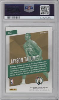 Jayson Tatum from the 2017-18 Panini Prestige set featuring a Bright Green parallel graded by PSA and given an overall grade of 9.