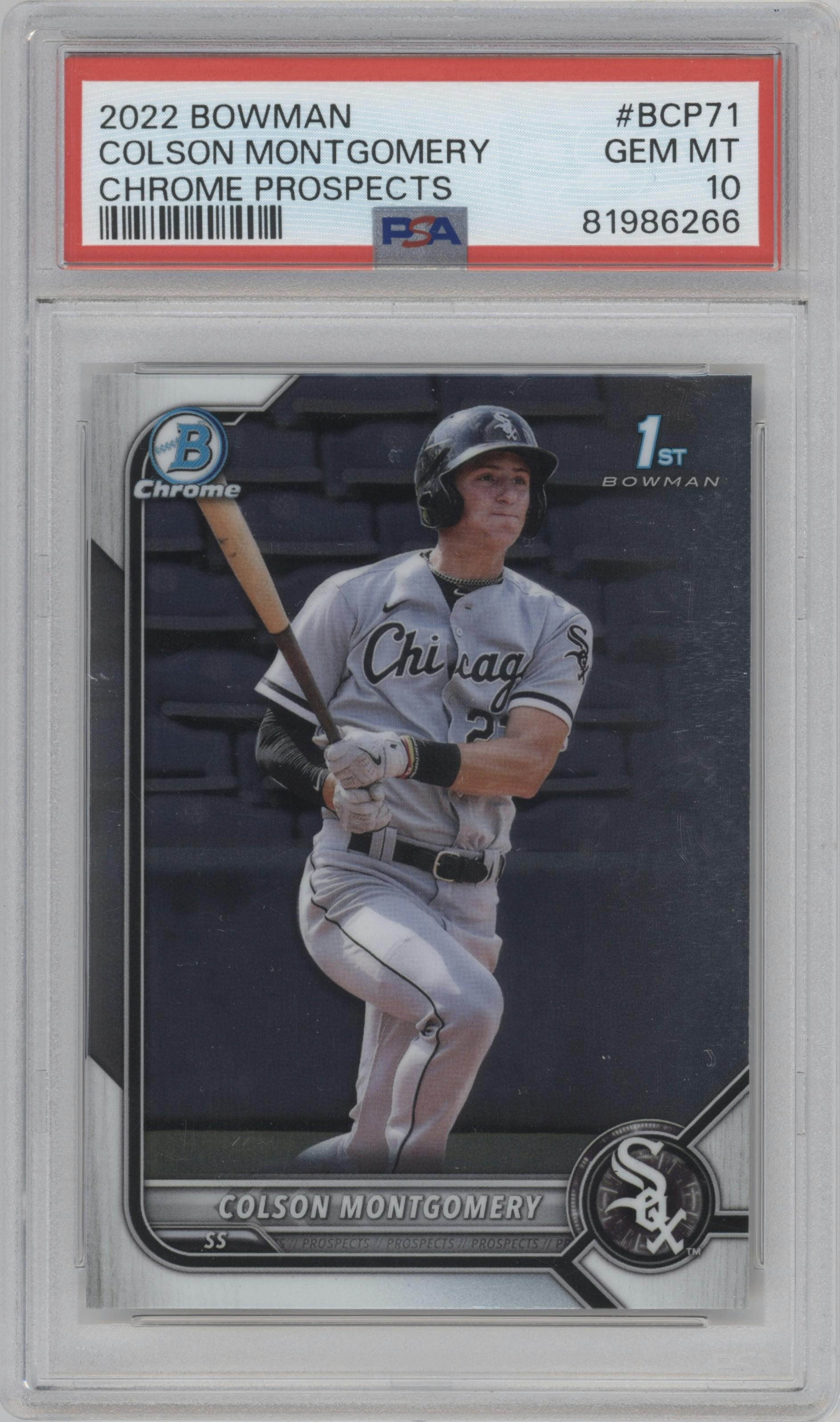 Colson Montgomery from the 2022 Bowman set graded by PSA and given an overall grade of 10.