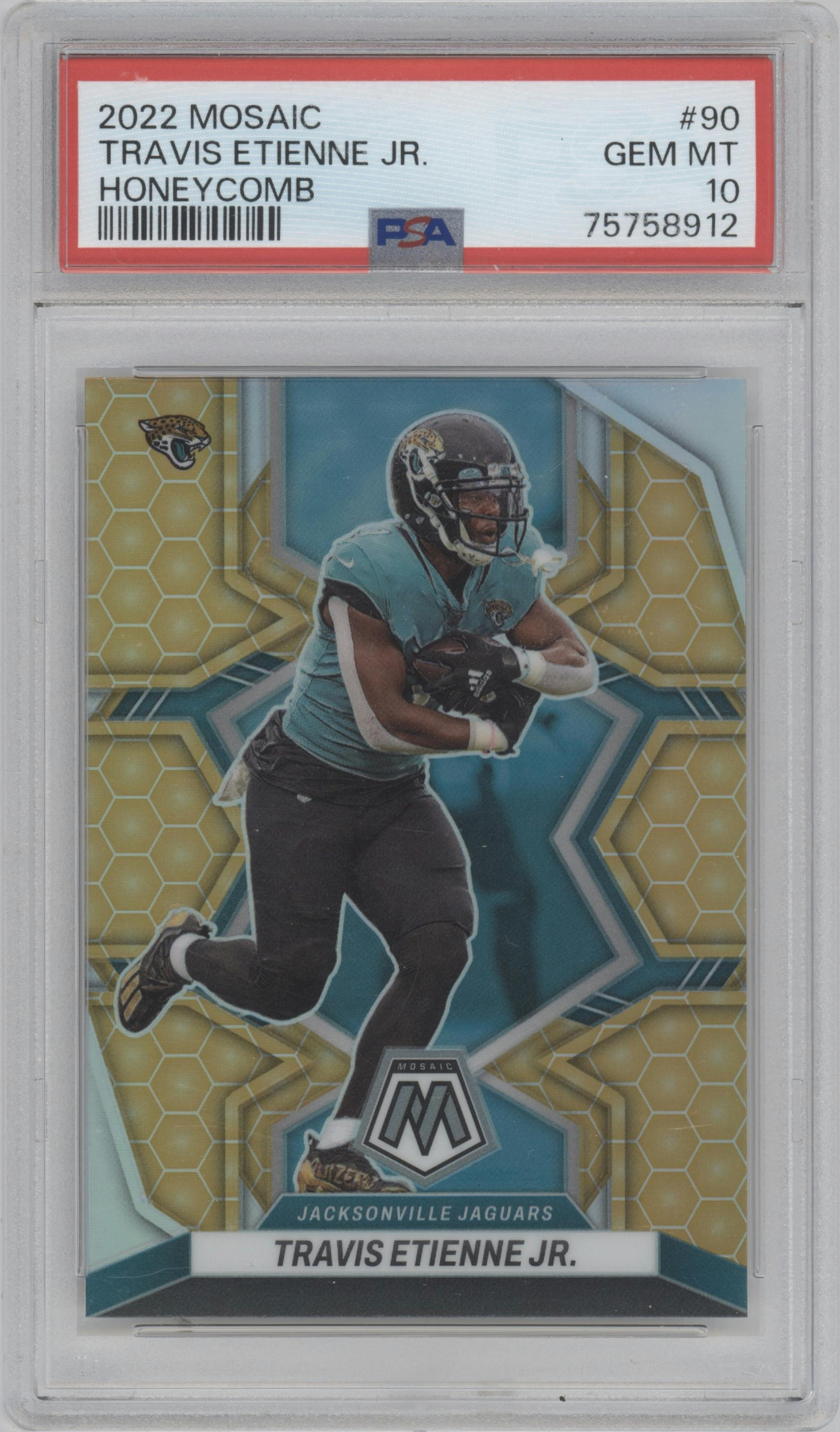 Travis Etienne Jr. from the 2022 Panini Mosaic set featuring a Honeycomb parallel graded by PSA and given an overall grade of 10.