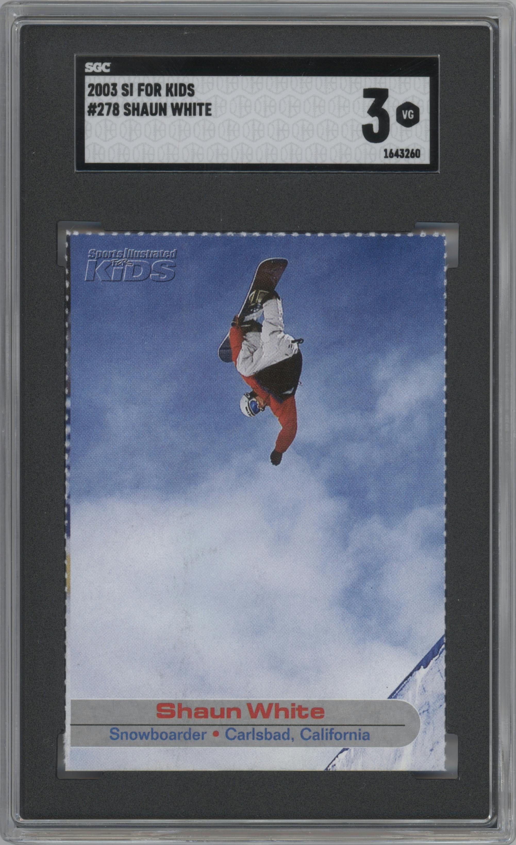 Shaun White from the 2003 Sports Illustrated for Kids set graded by SGC and given an overall grade of 3.