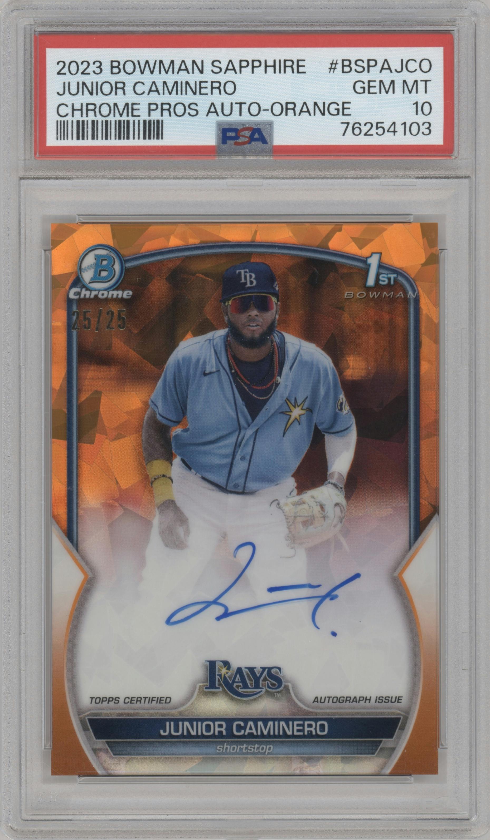 Junior Caminero  from the 2023 Bowman Sapphire Edition set featuring a Orange parallel graded by PSA and given an overall grade of 10.
