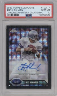 Troy Aikman from the 2023 Topps Composite set featuring a Geometric Black parallel graded by PSA and given an overall grade of 10.