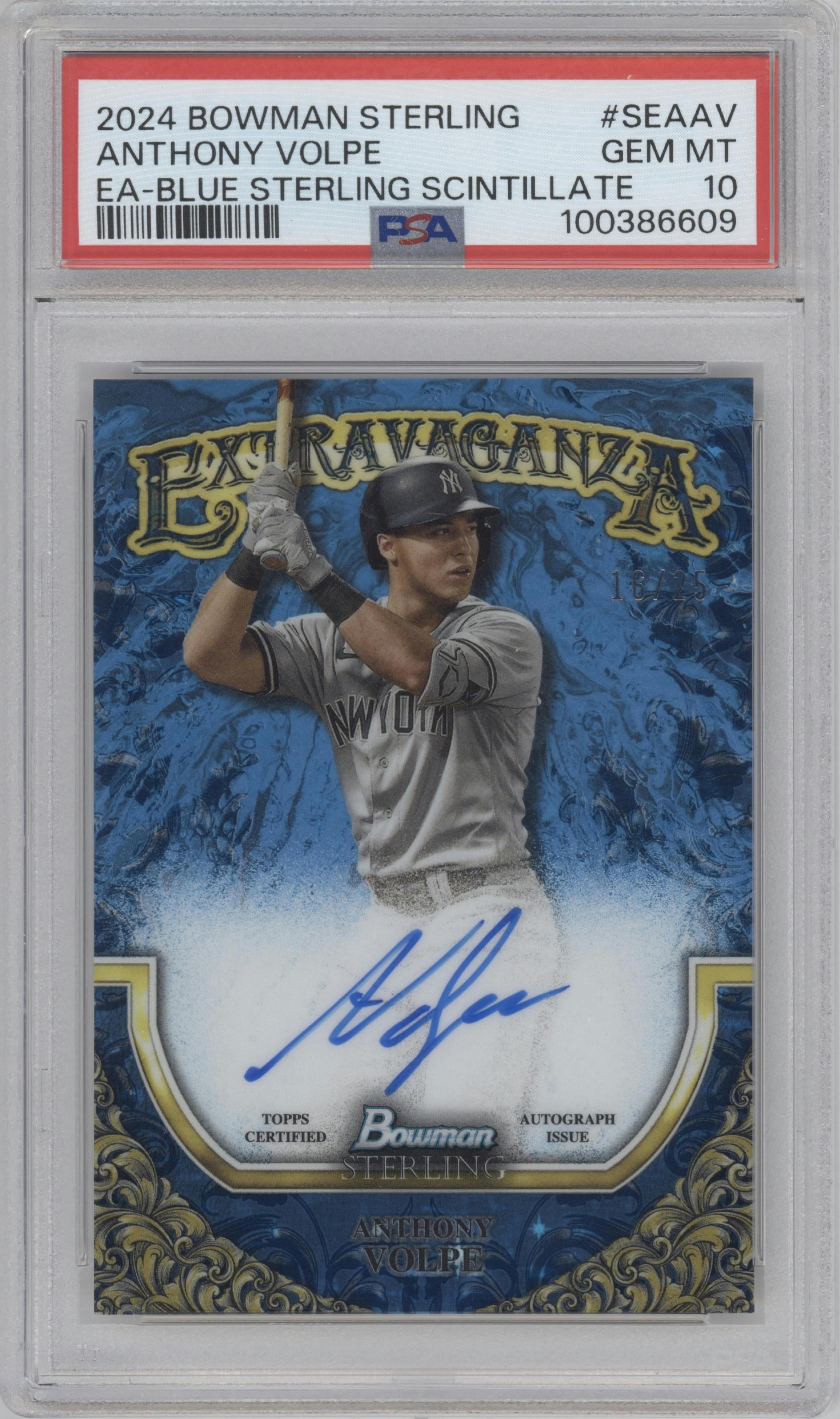 Anthony Volpe from the 2024 Bowman Sterling set featuring a Blue Sterling Scintillate  parallel graded by PSA and given an overall grade of 10.