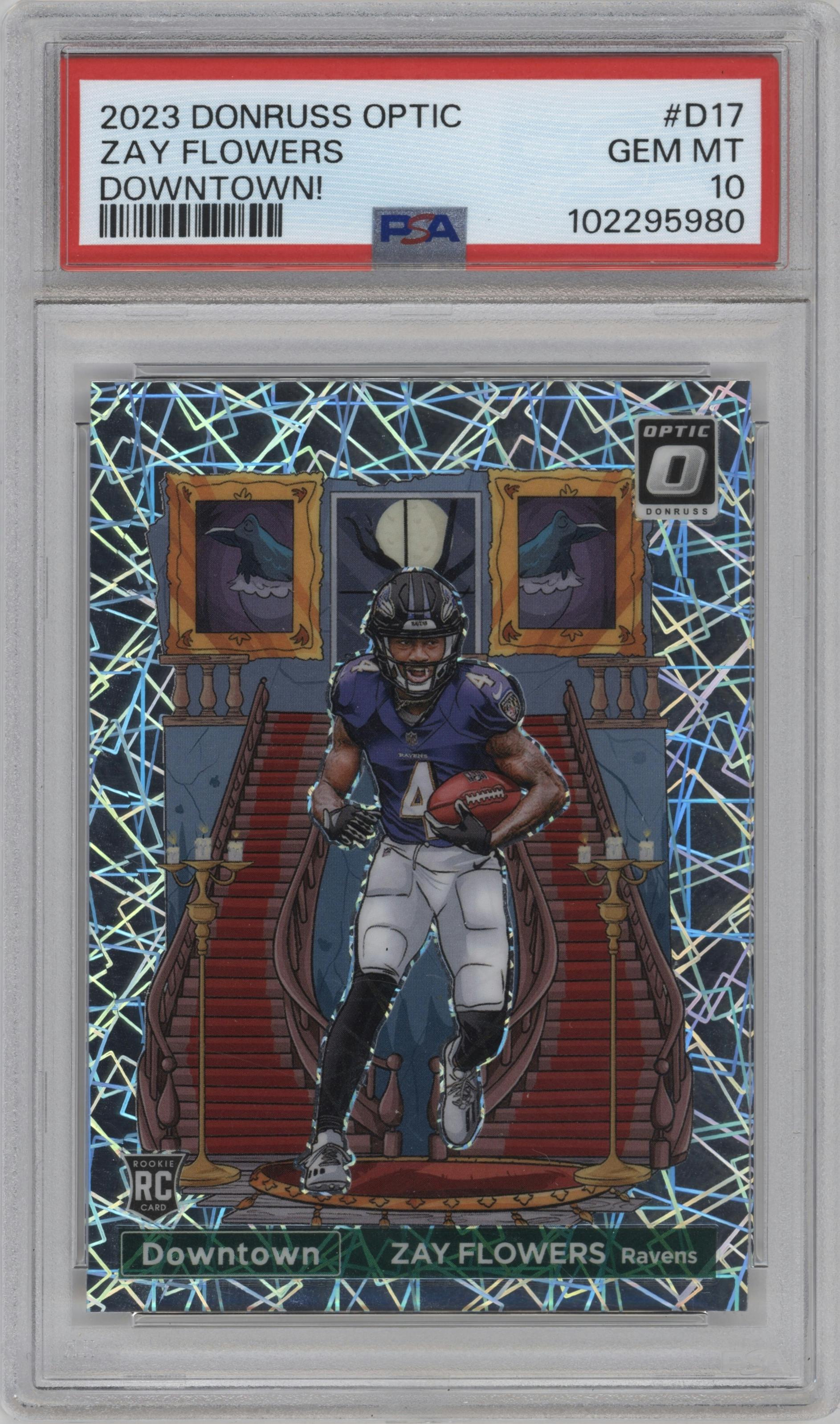 Zay Flowers from the 2023 Donruss Optic set graded by PSA and given an overall grade of 10.