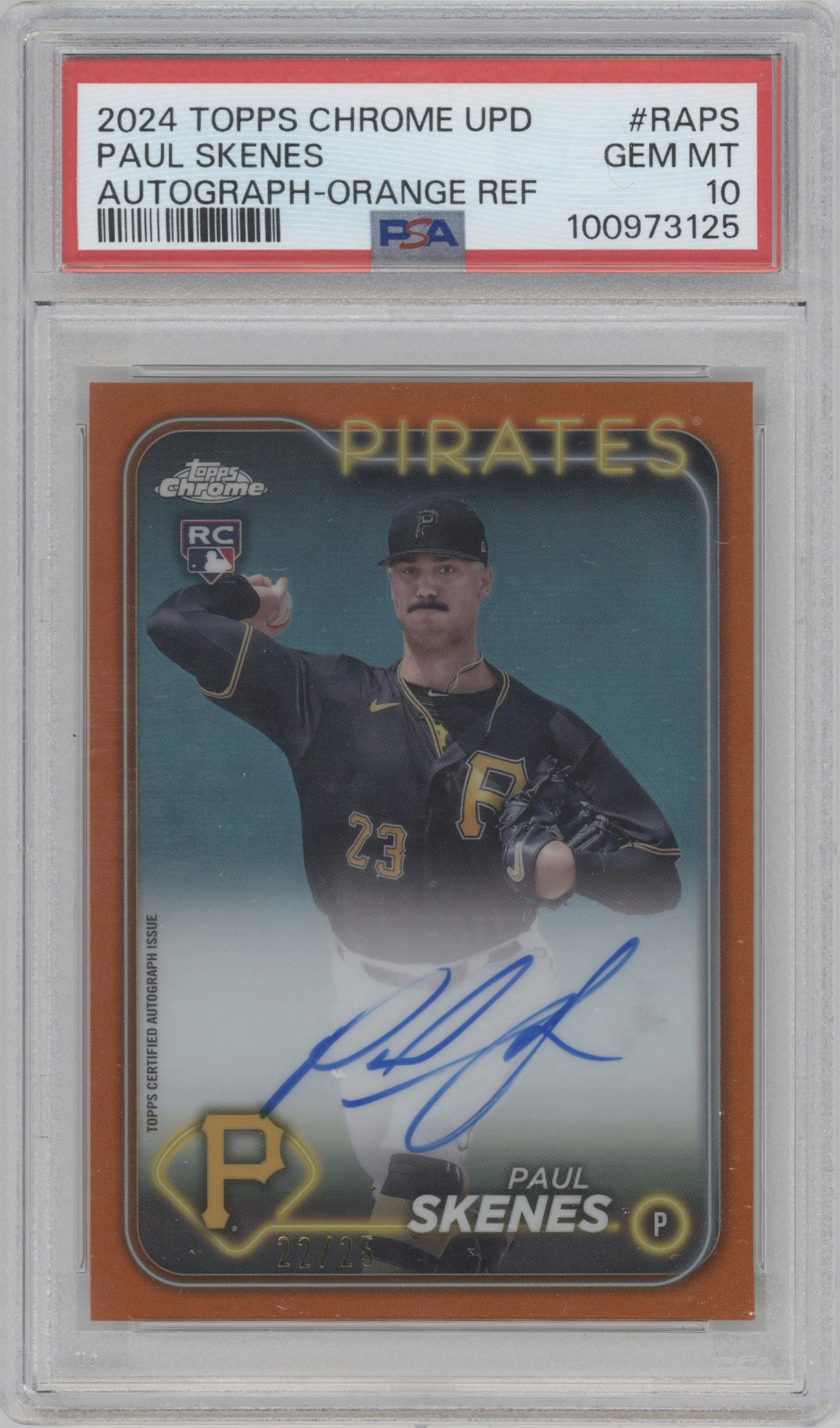 Paul Skenes from the 2024 Topps Chrome Update set featuring a Orange Refractor parallel graded by PSA and given an overall grade of 10.