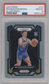 Brandin Podziemski from the 2023-24 Panini Prizm set featuring a Silver Prizm  parallel graded by PSA and given an overall grade of 10.