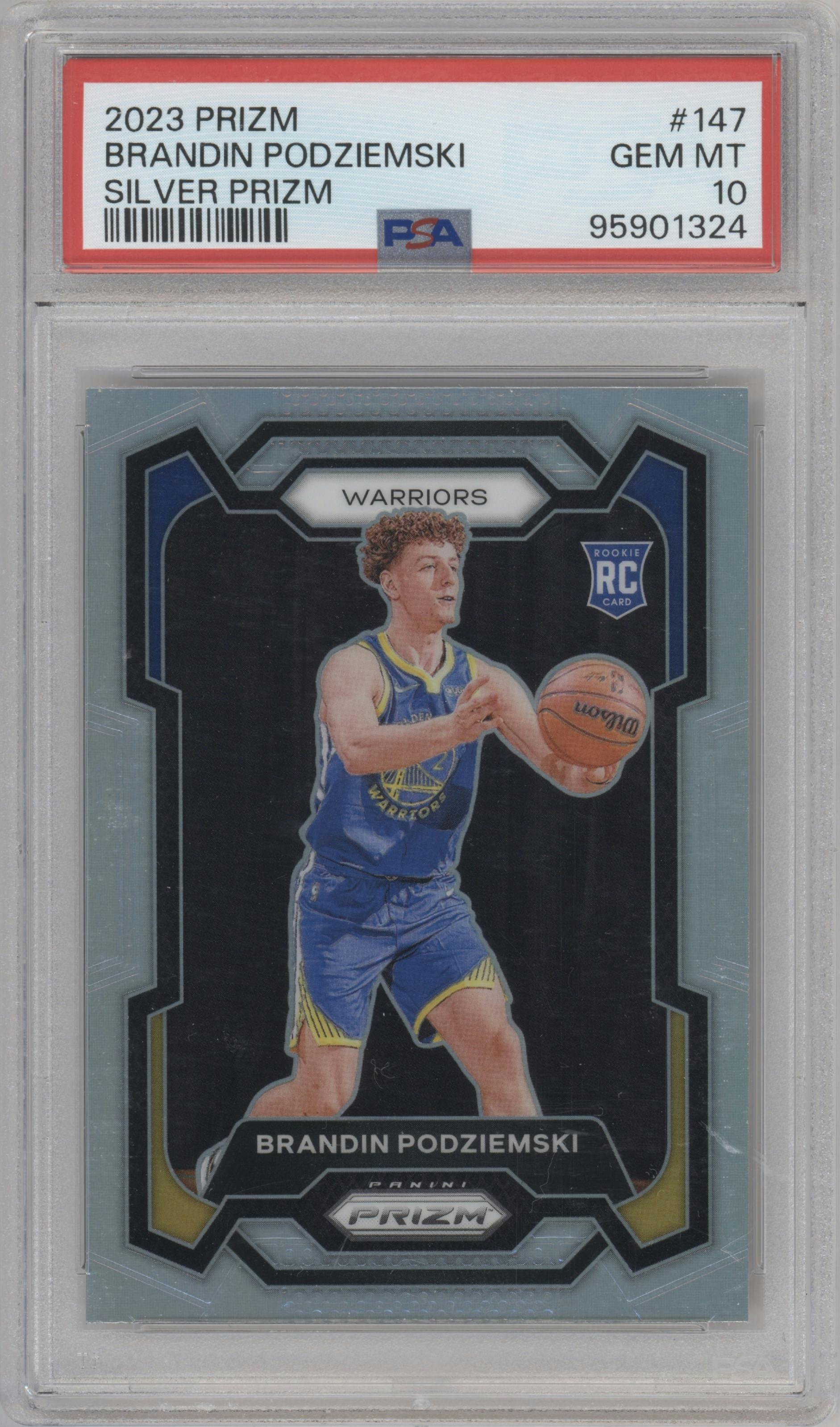 Brandin Podziemski from the 2023-24 Panini Prizm set featuring a Silver Prizm  parallel graded by PSA and given an overall grade of 10.