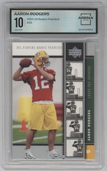 Aaron Rodgers from the 2005 Upper Deck Rookie Premiere set graded by Arena Club and given an overall grade of 10.
