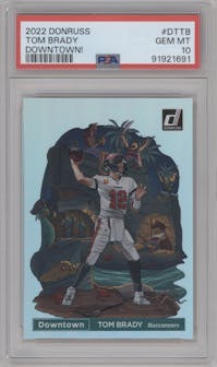 Tom Brady from the 2022 Panini Donruss set graded by PSA and given an overall grade of 10.