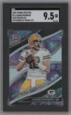 Aaron Rodgers from the 2020 Panini Spectra set featuring a Psychedelic parallel graded by SGC and given an overall grade of 9.5.