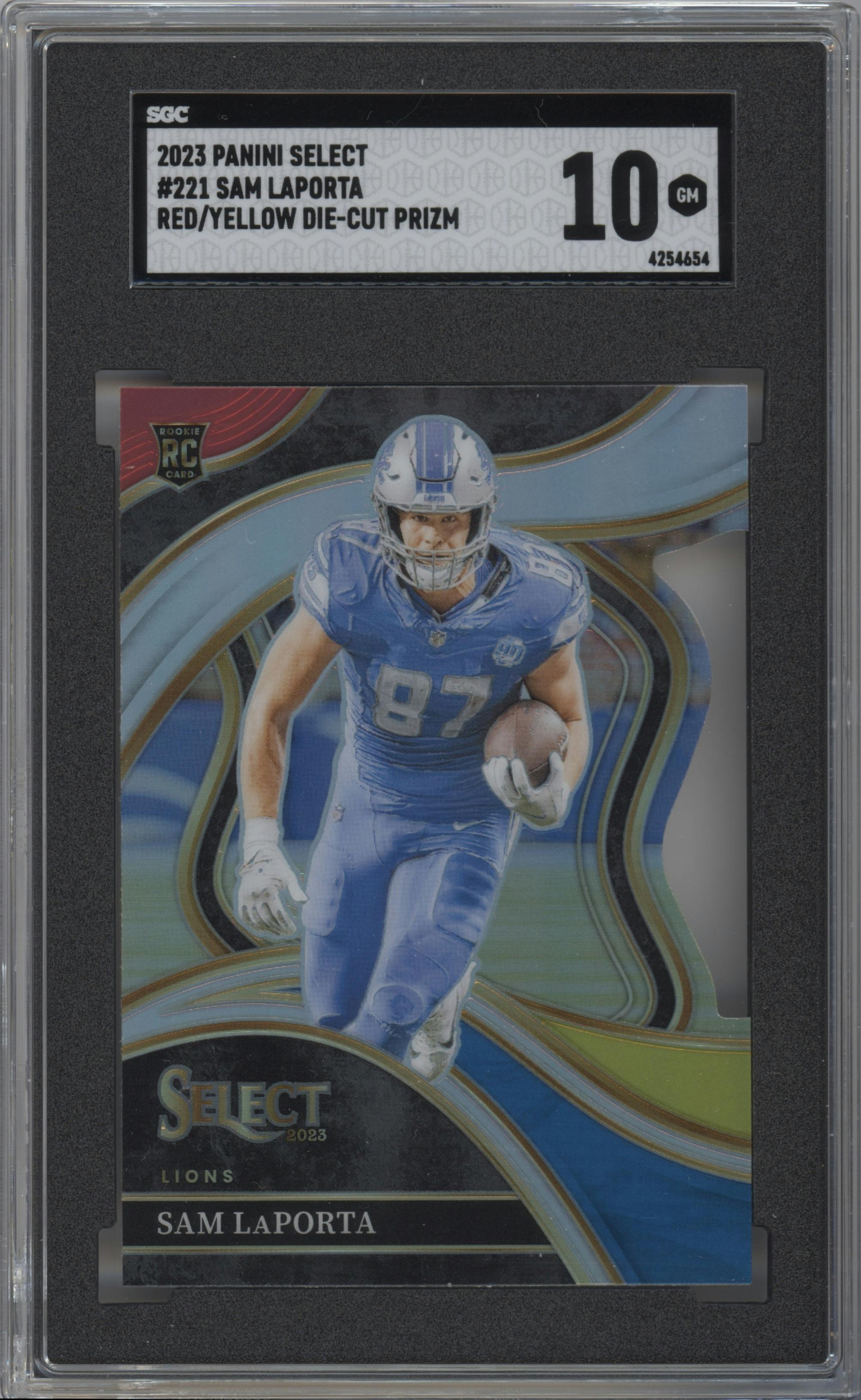 Sam Laporta from the 2023 Panini Select set featuring a Die-Cut Red/Yellow Prizm parallel graded by SGC and given an overall grade of 10.
