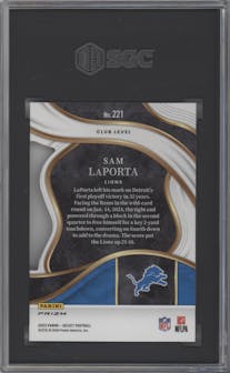 Sam Laporta from the 2023 Panini Select set featuring a Die-Cut Red/Yellow Prizm parallel graded by SGC and given an overall grade of 10.