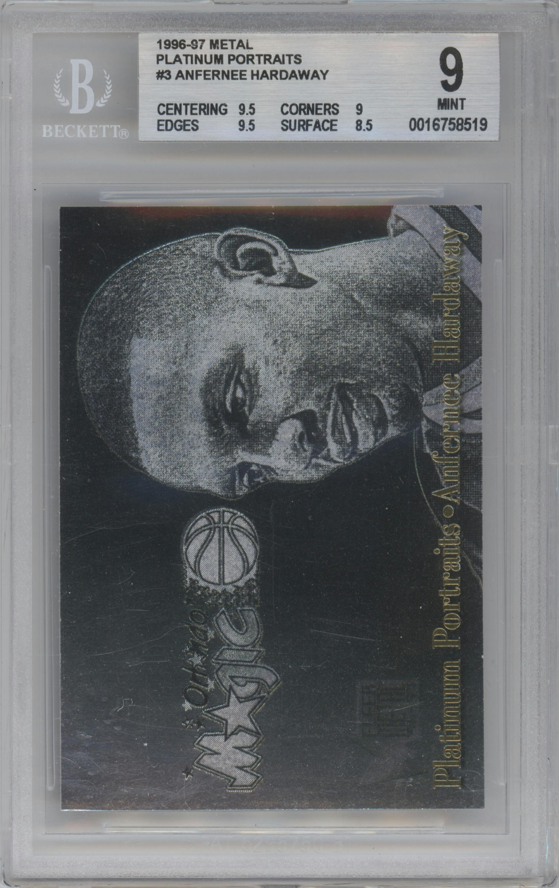 Anfernee Hardaway from the 1996-97 Fleer Metal  set graded by Beckett and given an overall grade of 9.