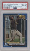 Leo De Vries from the 2024 Bowman Chrome set featuring a Blue Refractor parallel graded by PSA and given an overall grade of 8.