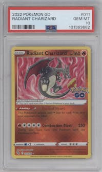 Radiant Charizard from the 2022 Pokemon SWSH set graded by PSA and given an overall grade of 10.