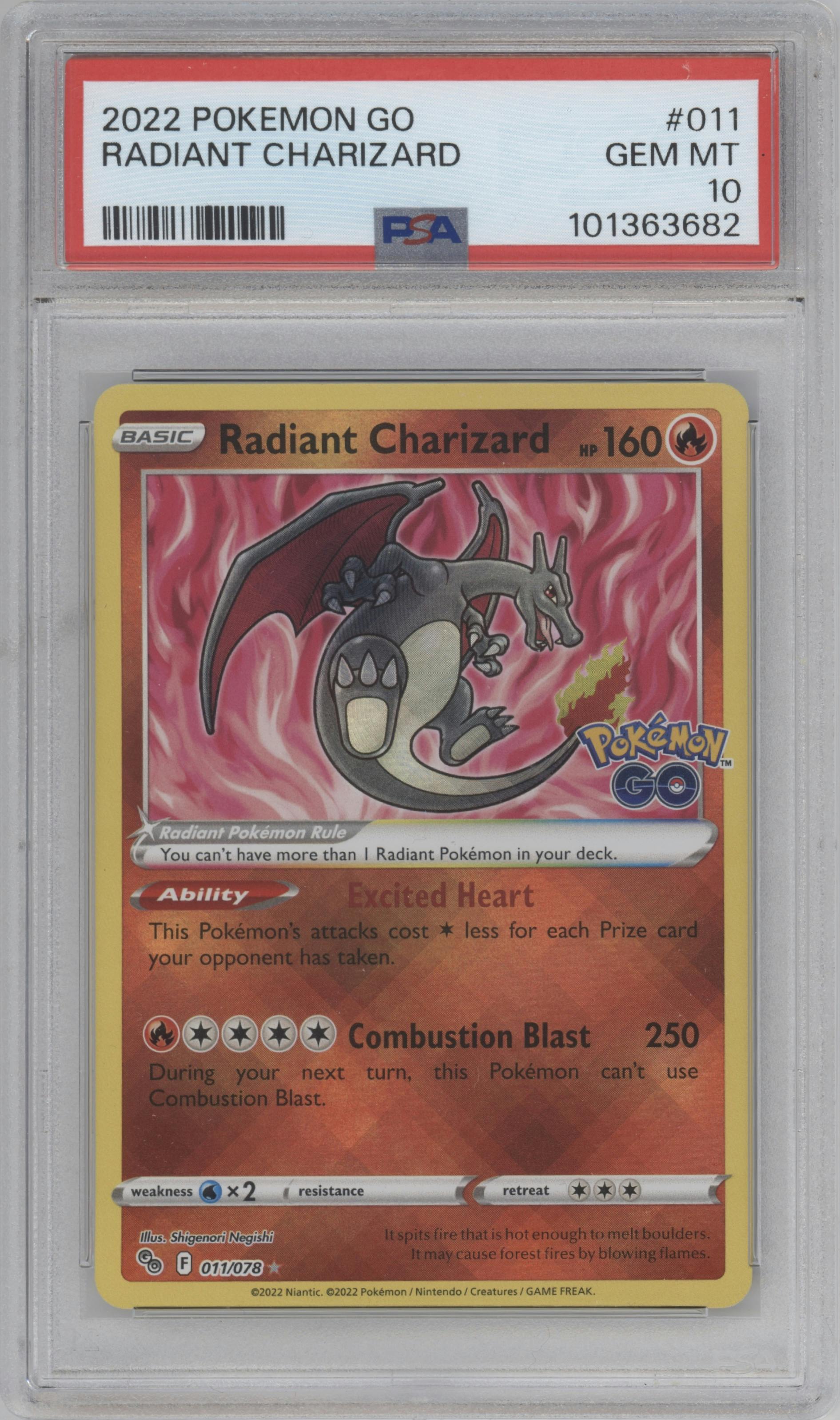 Radiant Charizard from the 2022 Pokemon SWSH set graded by PSA and given an overall grade of 10.