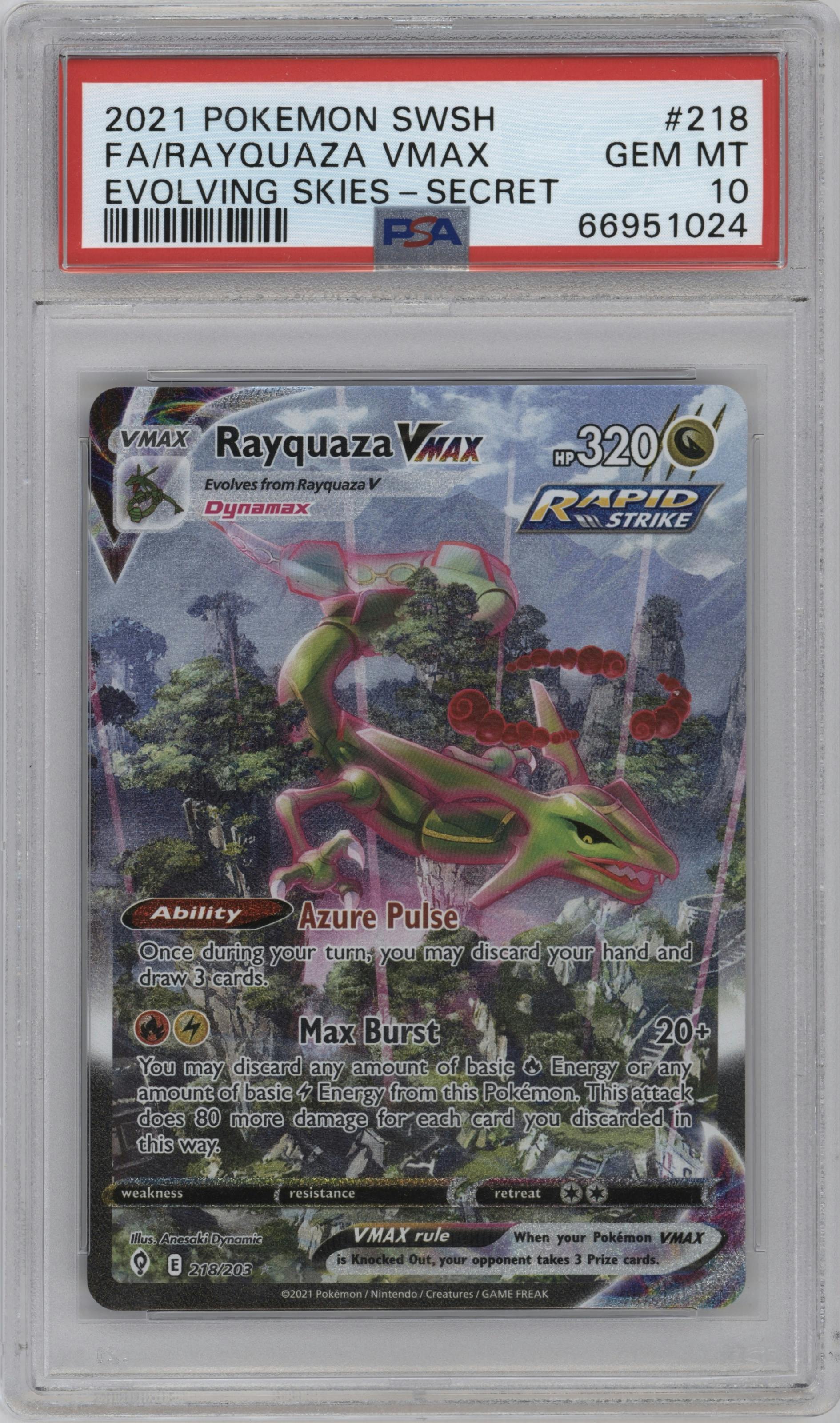 Rayquaza VMAX from the 2021 Pokemon SWSH set graded by PSA and given an overall grade of 10.