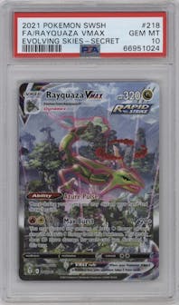 Rayquaza VMAX from the 2021 Pokemon SWSH set graded by PSA and given an overall grade of 10.