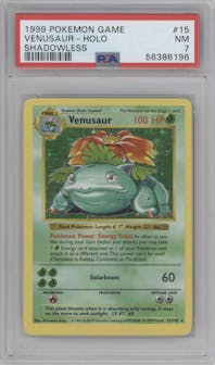 Venusaur from the 1999 Pokemon set graded by PSA and given an overall grade of 7.