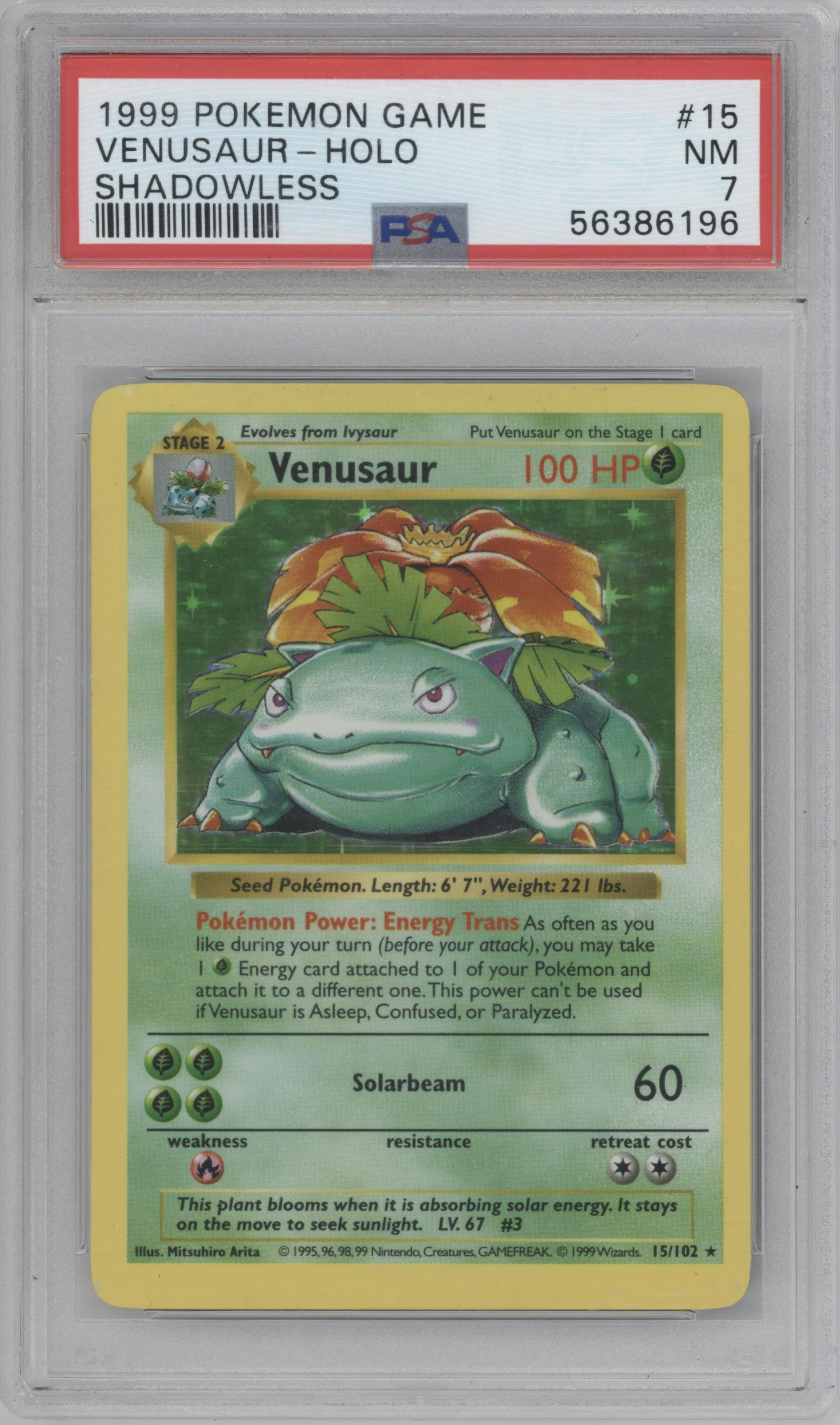Venusaur from the 1999 Pokemon set graded by PSA and given an overall grade of 7.