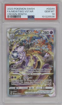 Mewtwo VSTAR from the 2023 Pokemon SWSH set graded by PSA and given an overall grade of 10.