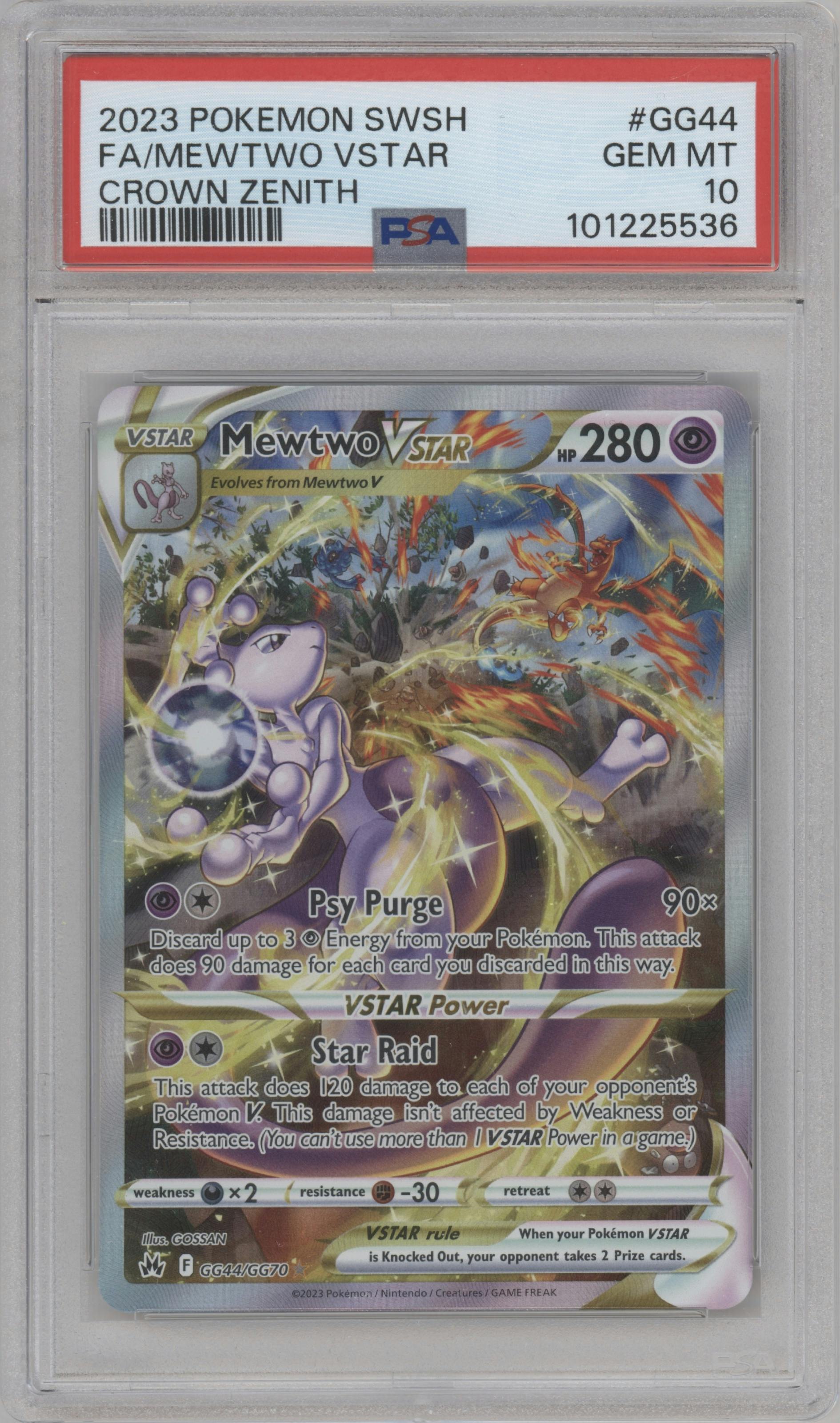 Mewtwo VSTAR from the 2023 Pokemon SWSH set graded by PSA and given an overall grade of 10.