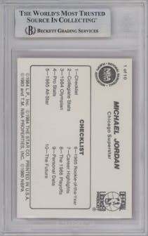 Michael Jordan from the 1986 Star Michael Jordan set graded by Beckett and given an overall grade of 8.5.