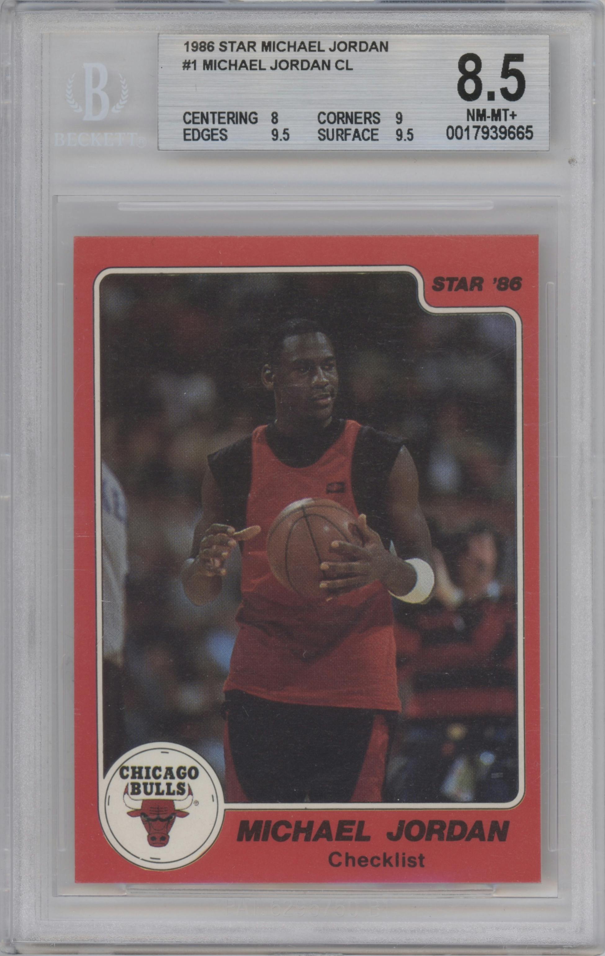 Michael Jordan from the 1986 Star Michael Jordan set graded by Beckett and given an overall grade of 8.5.