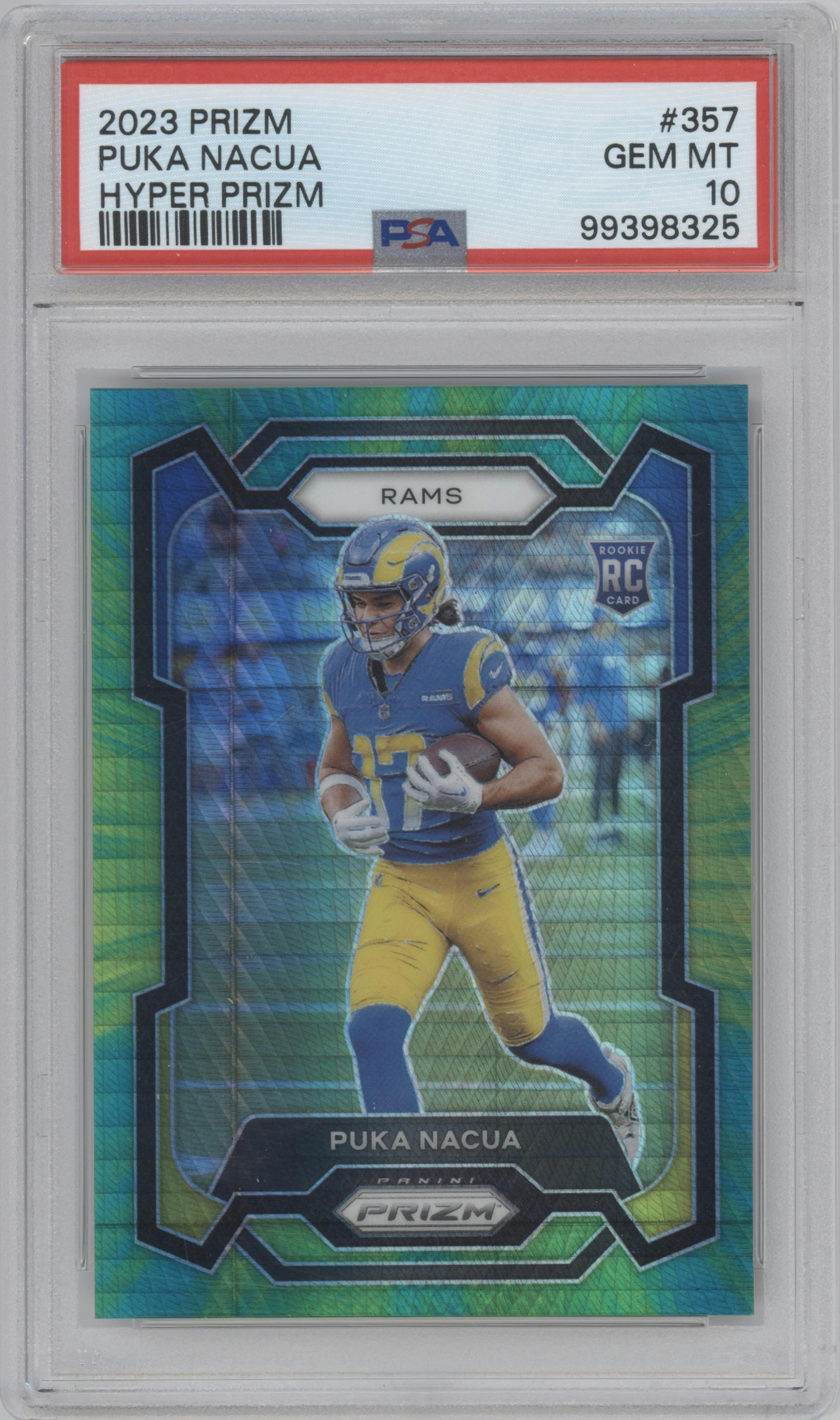 Puka Nacua from the 2023 Panini Prizm set featuring a Hyper parallel graded by PSA and given an overall grade of 10.