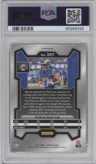 Puka Nacua from the 2023 Panini Prizm set featuring a Hyper parallel graded by PSA and given an overall grade of 10.