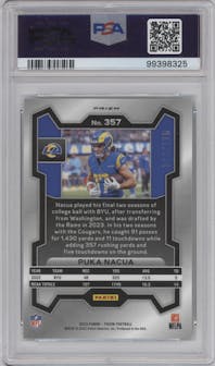 Puka Nacua from the 2023 Panini Prizm set featuring a Hyper parallel graded by PSA and given an overall grade of 10.