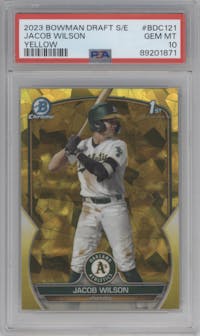 Jacob Wilson from the 2023 Bowman Draft Sapphire set featuring a Yellow parallel graded by PSA and given an overall grade of 10.