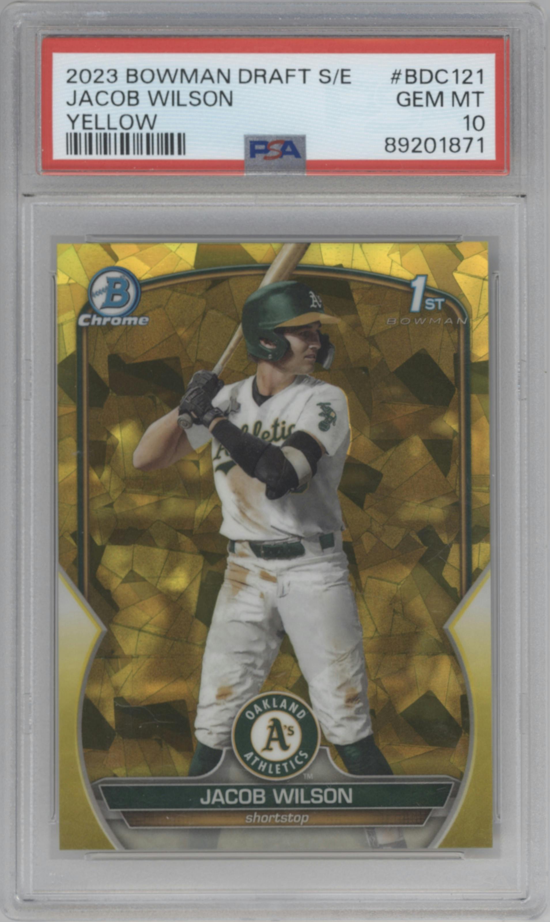 Jacob Wilson from the 2023 Bowman Draft Sapphire set featuring a Yellow parallel graded by PSA and given an overall grade of 10.