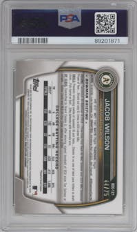 Jacob Wilson from the 2023 Bowman Draft Sapphire set featuring a Yellow parallel graded by PSA and given an overall grade of 10.