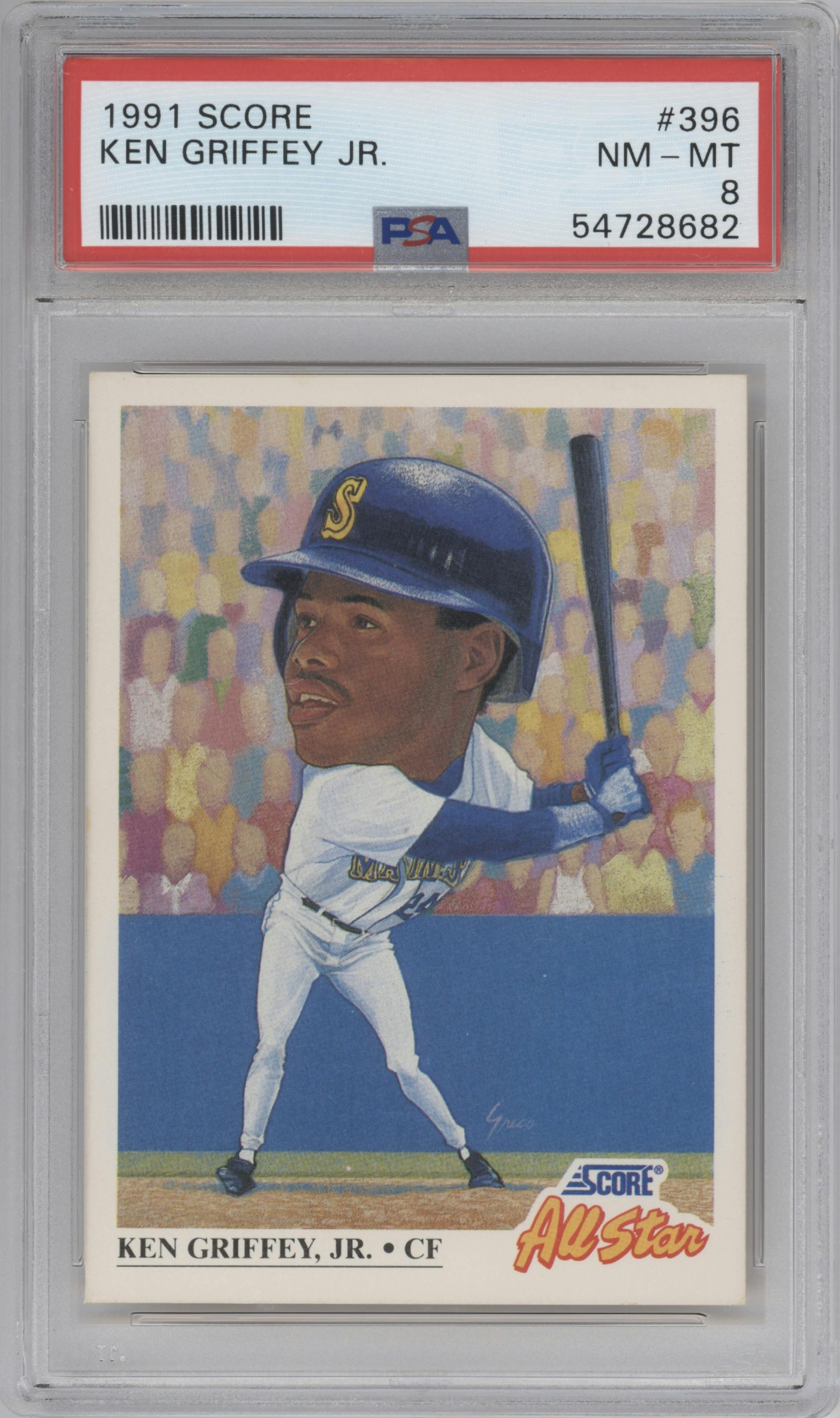 Ken Griffey Jr. from the 1991 Score set graded by PSA and given an overall grade of 8.