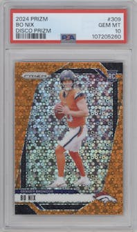 Bo Nix from the 2024 Panini Prizm set featuring a Disco parallel graded by PSA and given an overall grade of 10.