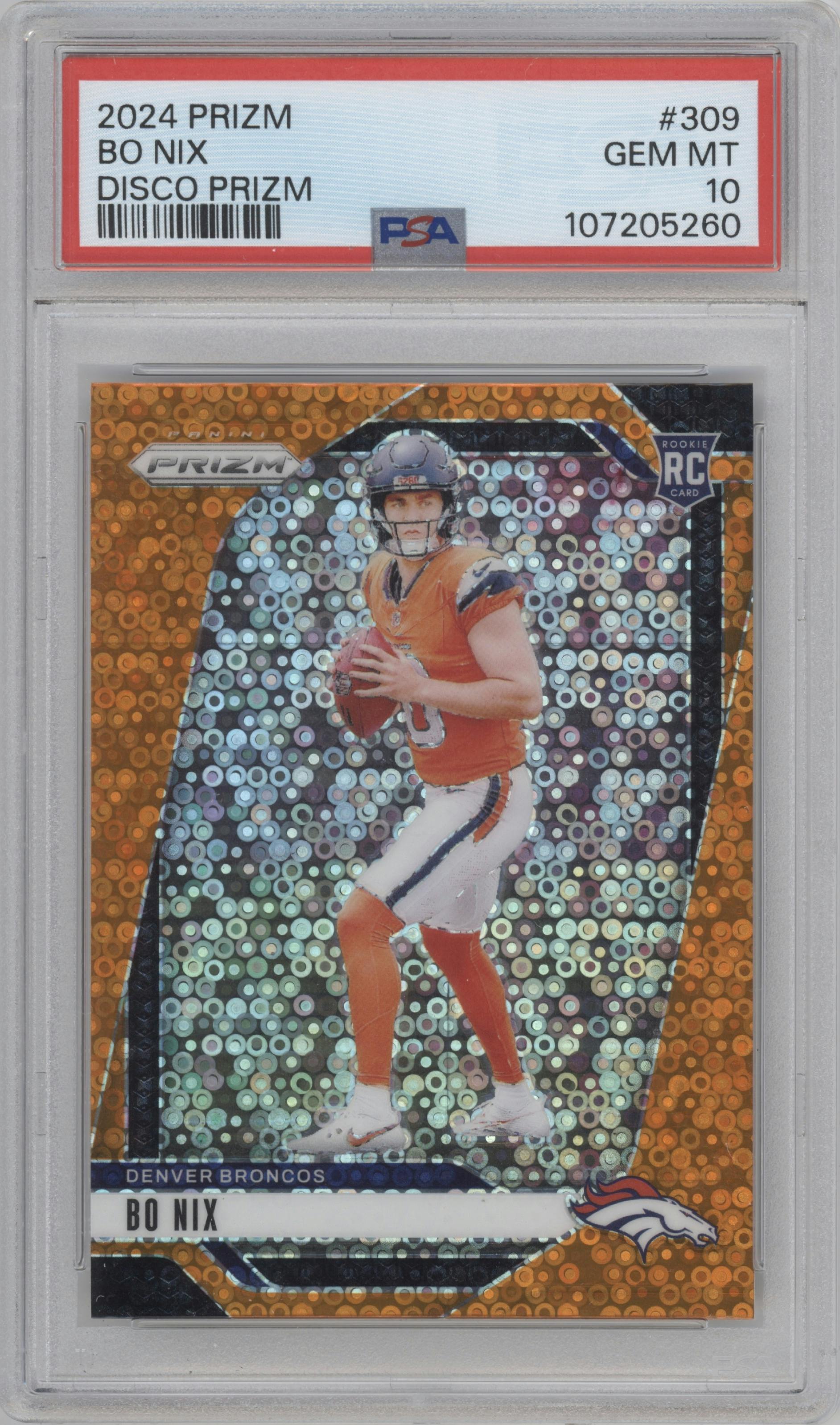 Bo Nix from the 2024 Panini Prizm set featuring a Disco parallel graded by PSA and given an overall grade of 10.