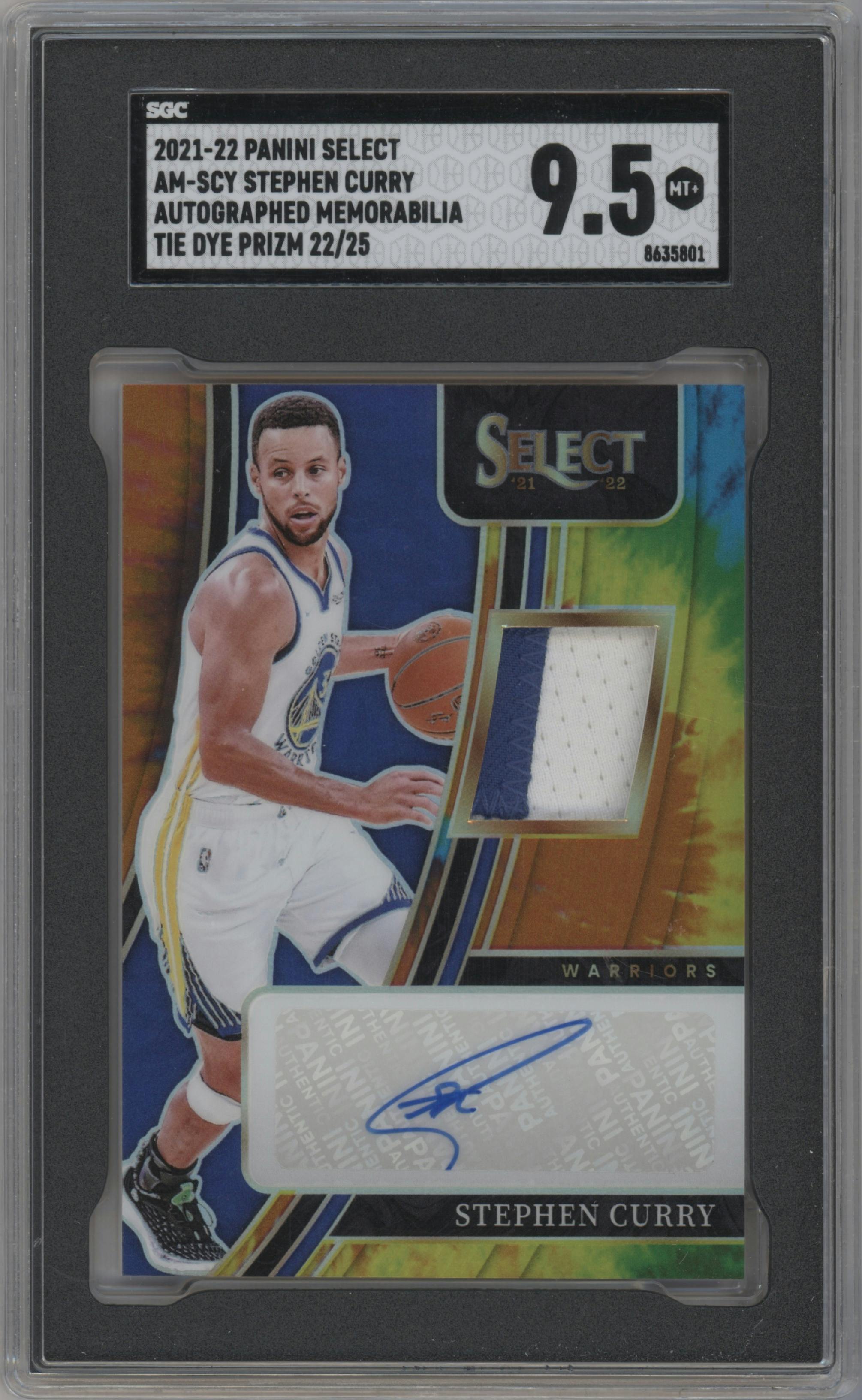 Stephen Curry from the 2021-22 Panini Select set featuring a Tie-Dye parallel graded by SGC and given an overall grade of 9.5.