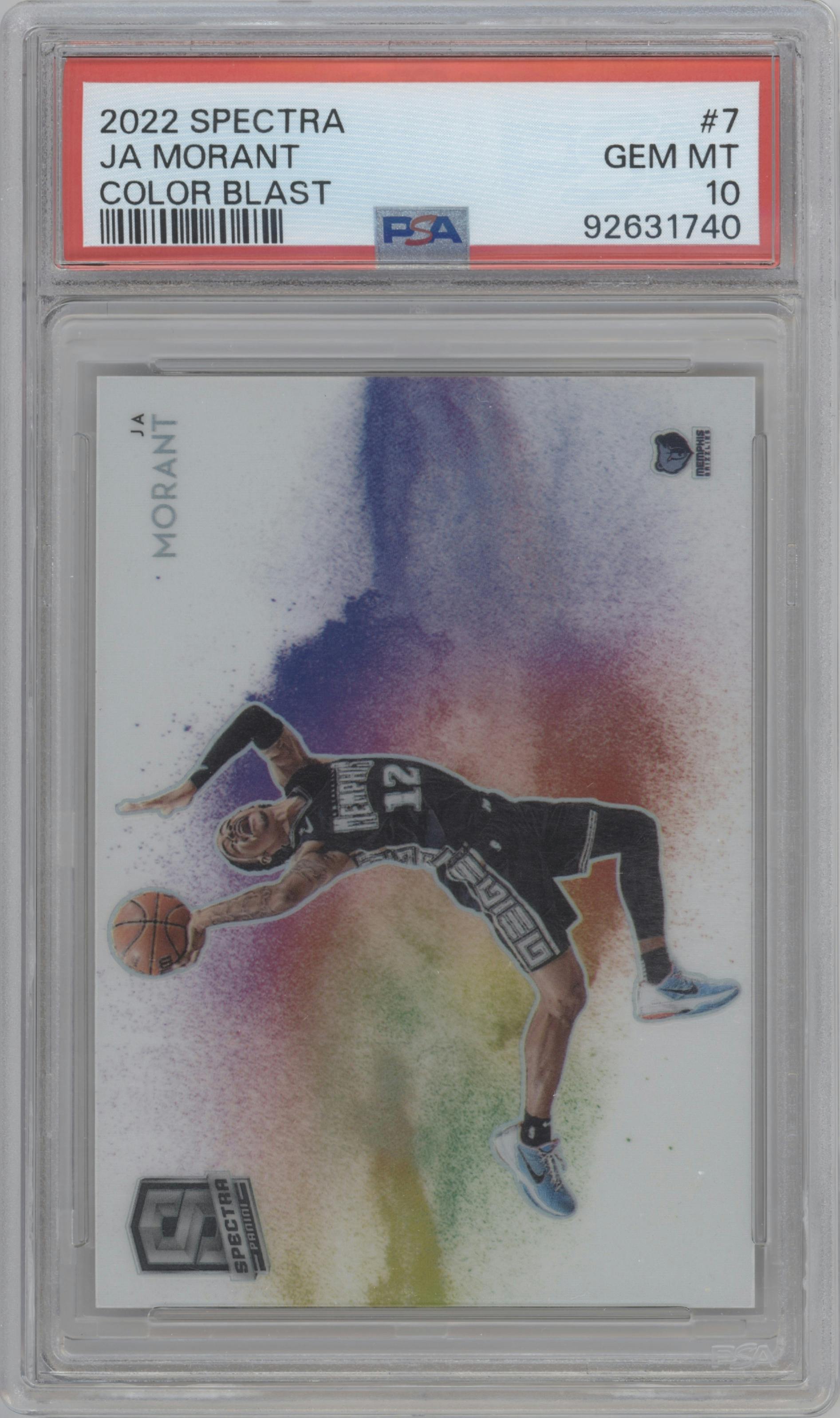 Ja Morant from the 2022-23 Panini Spectra set graded by PSA and given an overall grade of 10.