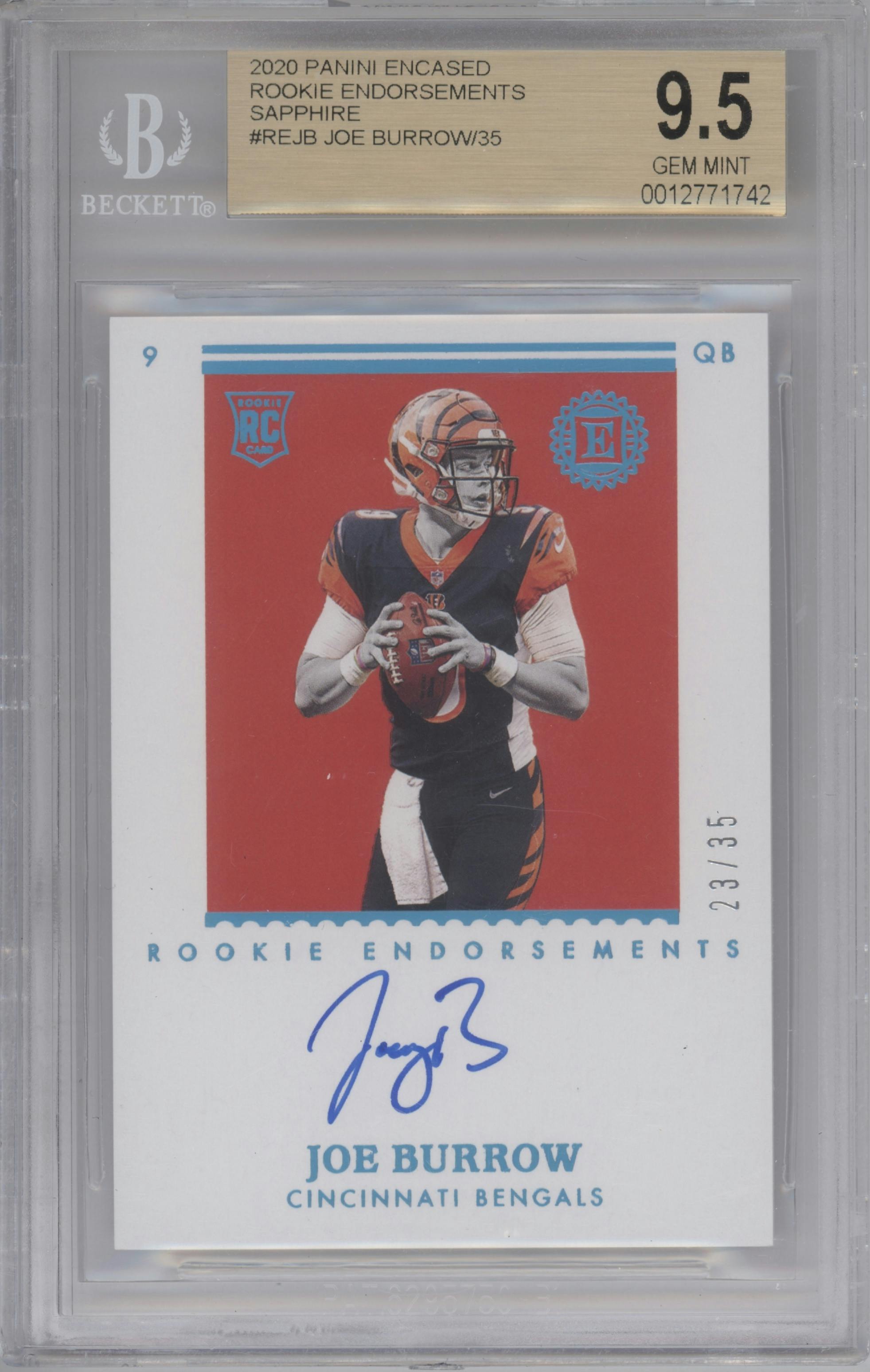 Joe Burrow from the 2020 Panini Encased set featuring a Sapphire parallel graded by Beckett and given an overall grade of 9.5.