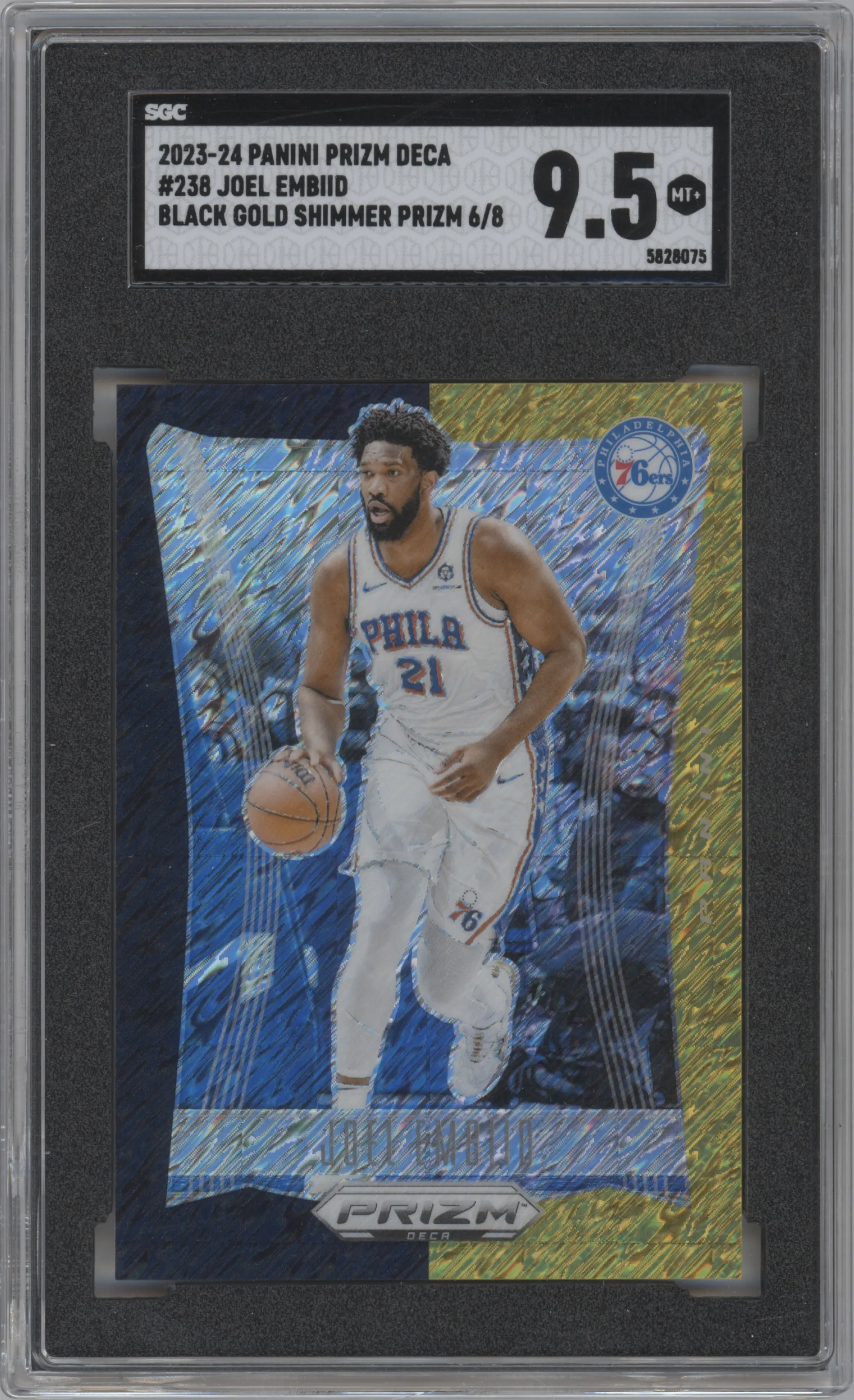 2023 Panini Prizm Deca Joel Embiid FOTL Black Gold Shimmer Prizm SGC 9.5