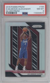 Shai Gilgeous-Alexander from the 2018-19 Panini Prizm set featuring a Silver Prizm parallel graded by PSA and given an overall grade of 8.